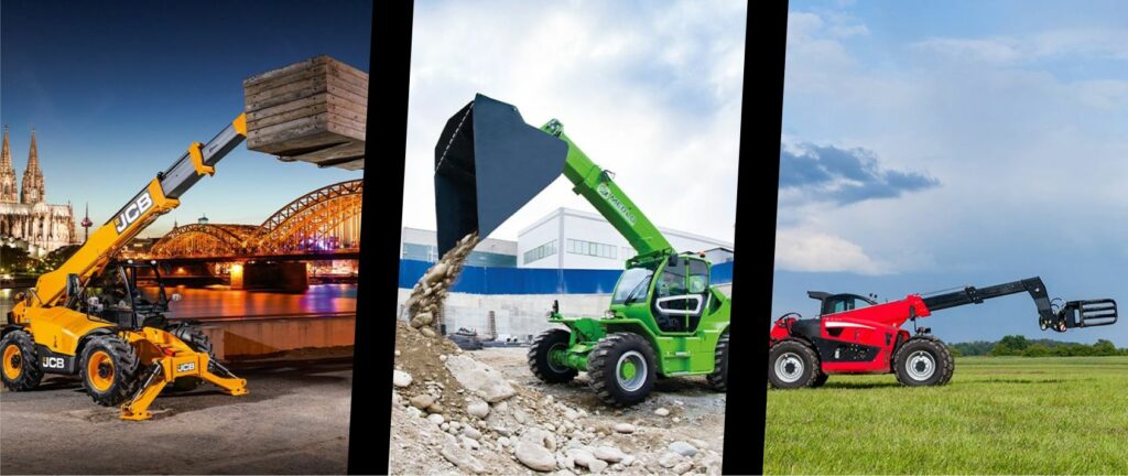 3 telescopic handlers for hire divided by a black boarder. Telehandler in the first image is a yellow JCB telehandler in a river city setting holding a wooden pallet. The middle telehandler is green and clearing/moving rubble from a construction site. The 3rd telehandler is red and parked in a field of green grass and a forest background.