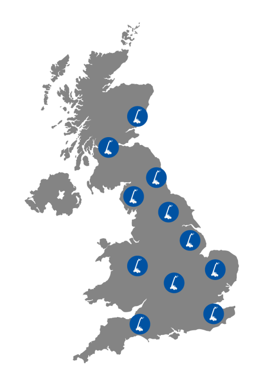 Map of the UK showing where the general area where you can hire telehandlers.